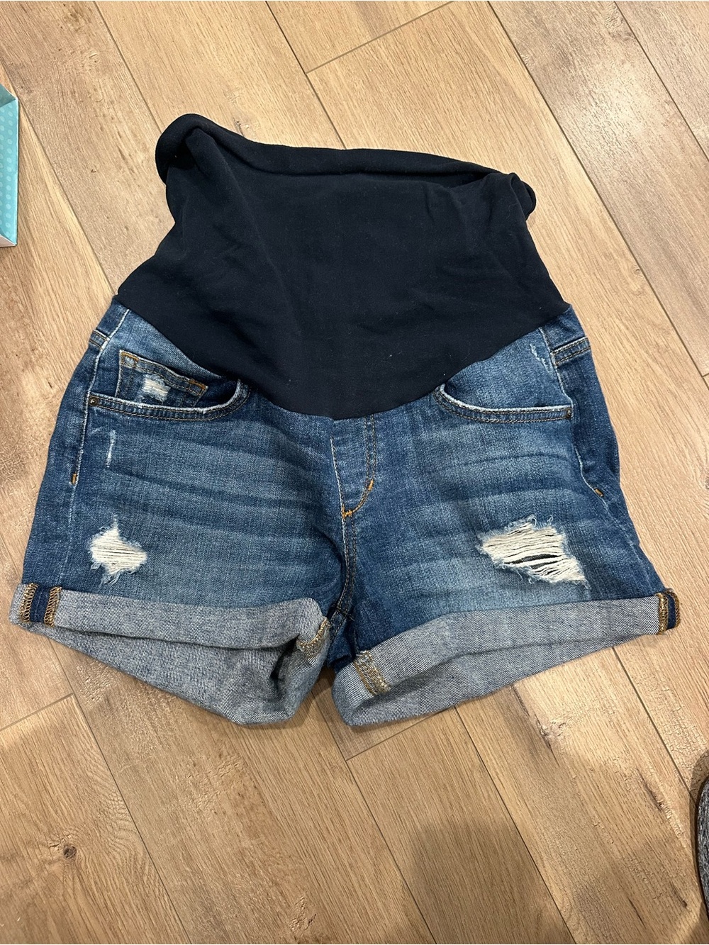 Maternity Distressed Denim Shorts with Navy Panel, Joe’s Jeans